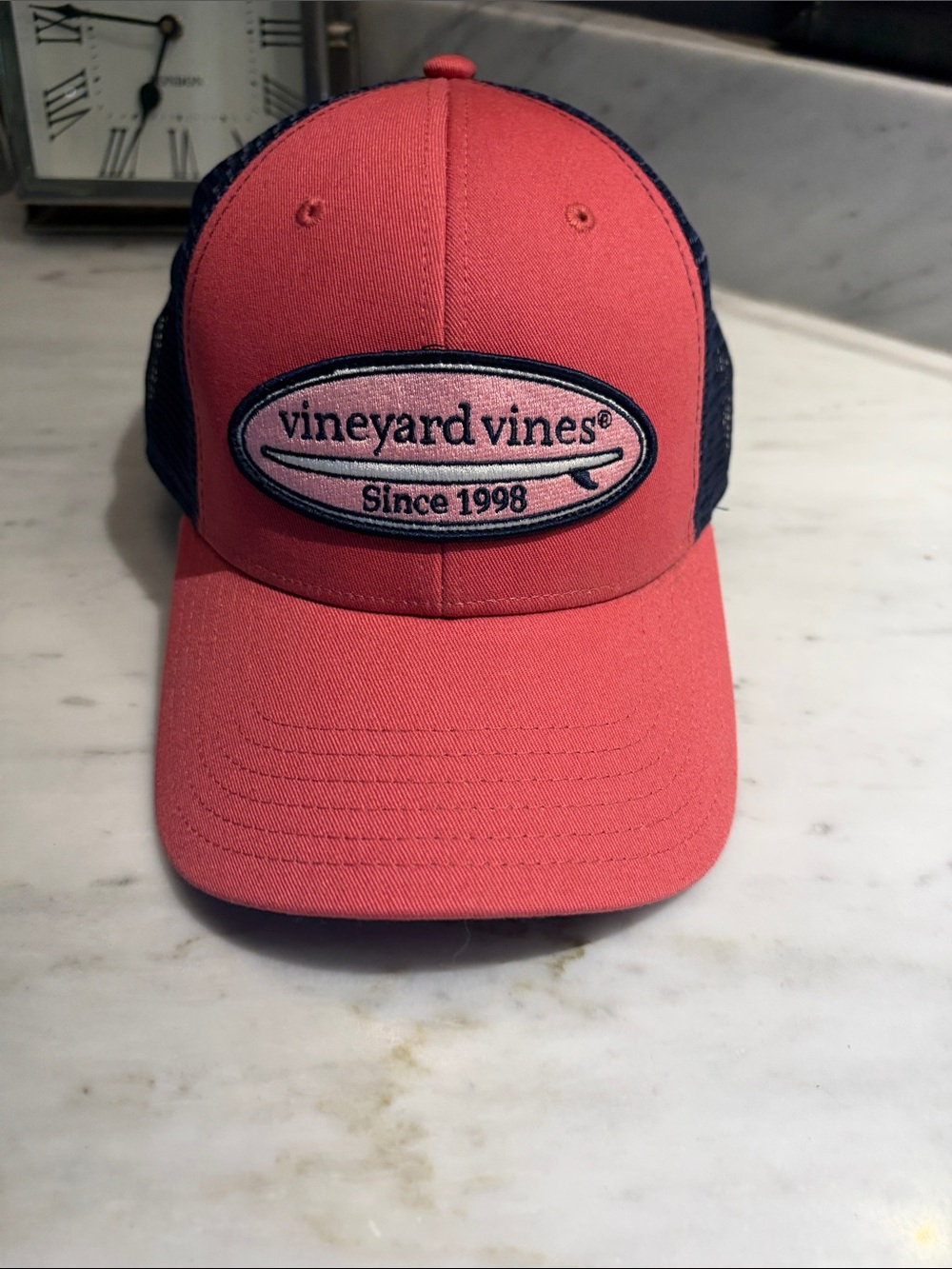 Vineyard Vines Coral and Navy Patch Trucker Hat